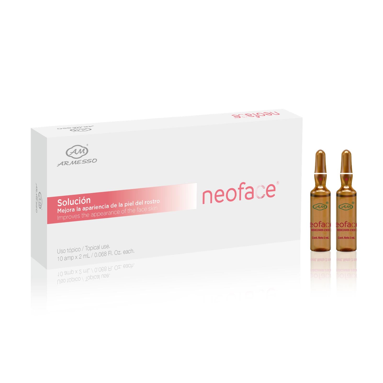 Neoface by Armesso revitalizes, restores, and renews the skin from within. Neoface® targets the root causes of skin aging.  This energizing anti-aging and collagen bio-stimulant booster comes in a box of 10 ampoules, each containing 2ml. It is ideal for skin that has lost firmness, hydration, and elasticity.