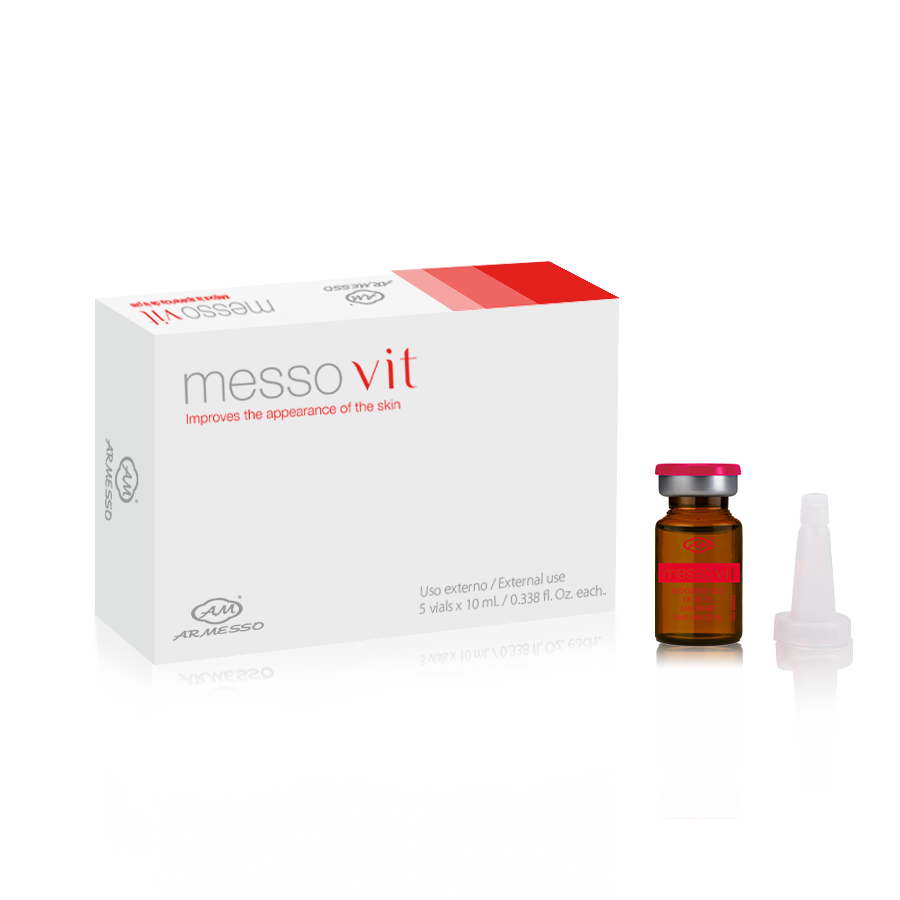 Messovit Contains: Glucoside Phosphate complex, 5 vitamins, 15 Aminoacids and 5 Trace Elements boosted with PCA and D.M.A.E Visibly revitalizes the skin and provides essential elements for cellular balance. It acts as an energy bioregulator that spreads over the skin as a source of energy for the cells, enhancing senescent fibroblasts and significantly reactivating collagen levels.